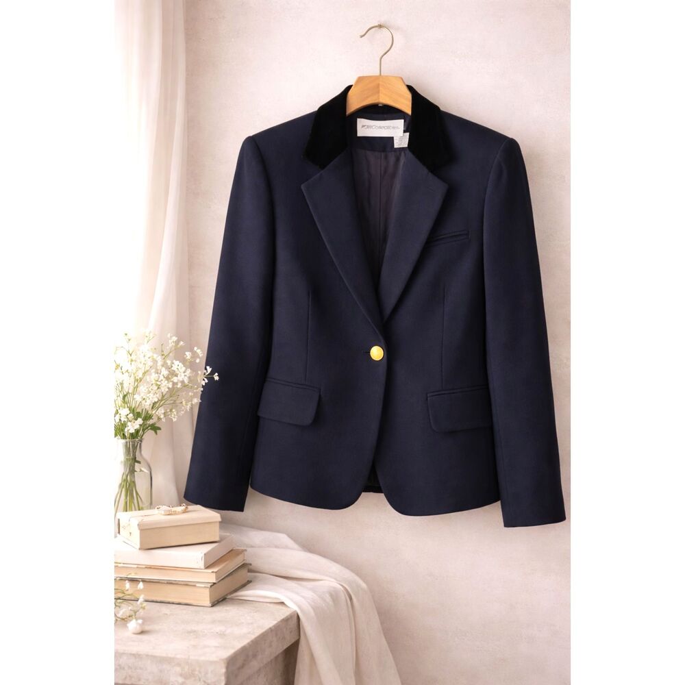 Vintage Navy 100% Wool Blazer 4 USA Made Velvet Collar Equestrian Dark Academia